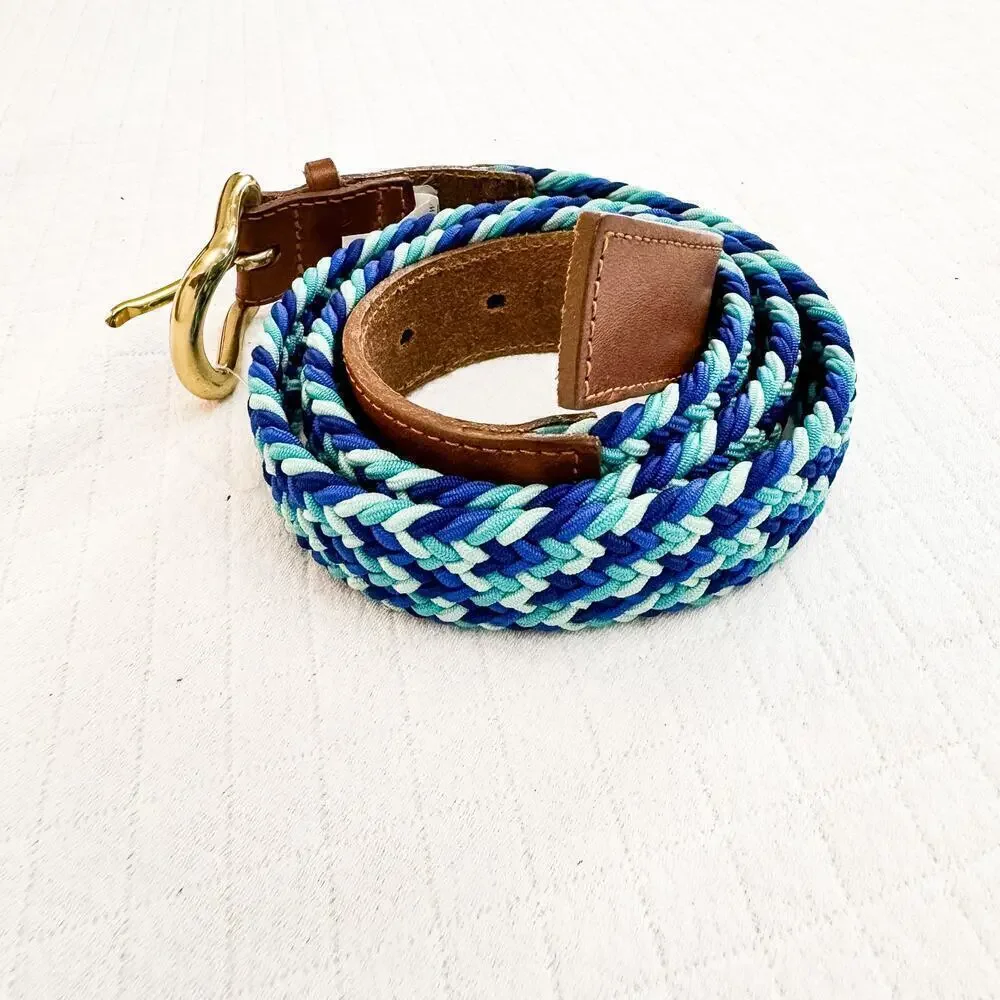 J. Crew Blue Colorful Braided Belt Brass Buckled Leather Tab Size M